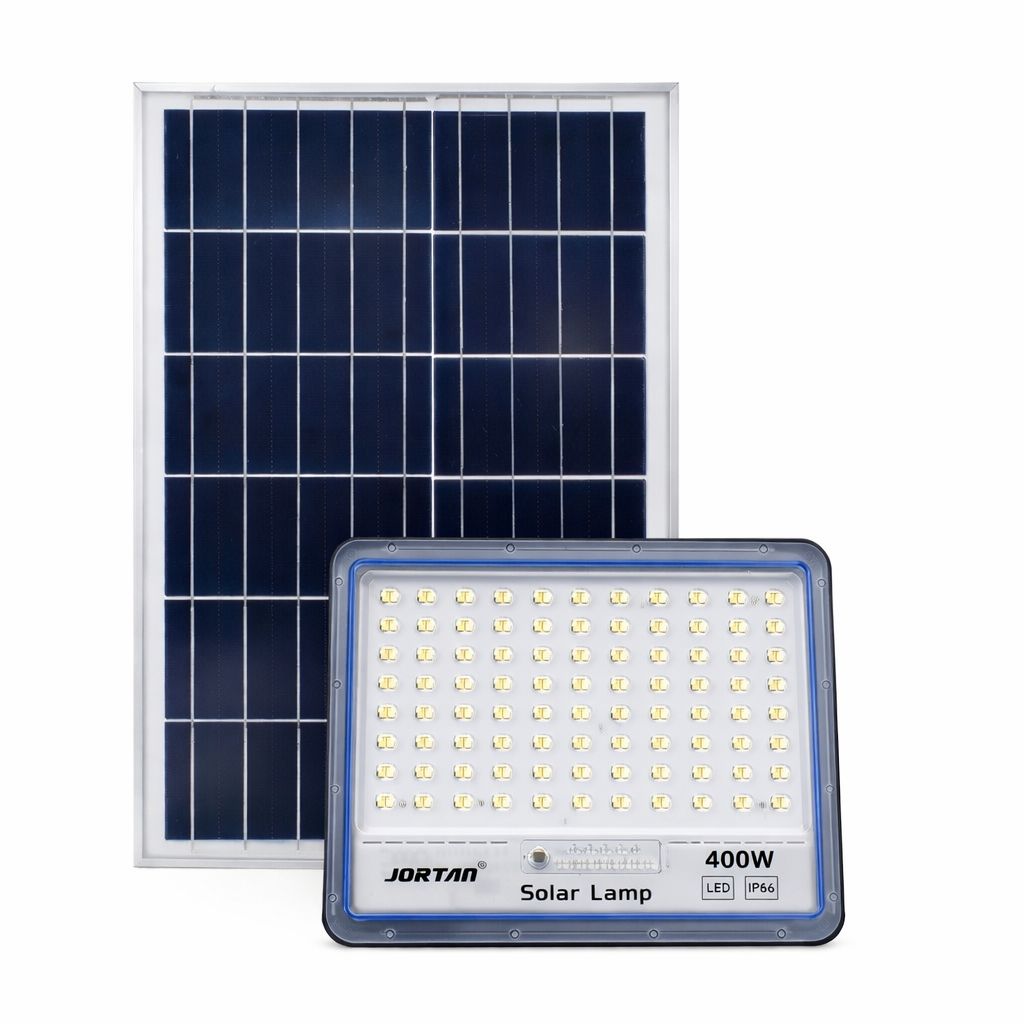 Proiector Solar LED JORTAN Exterior 400W, 176 LED SMD, cu Panou Solar 25W Extern, Telecomanda, Lumina Alb Rece, Senzor Lumina, IP66 Rezistent la Apa si Praf, pentru Curte, Gradina, Alee, Garaj si Parcare