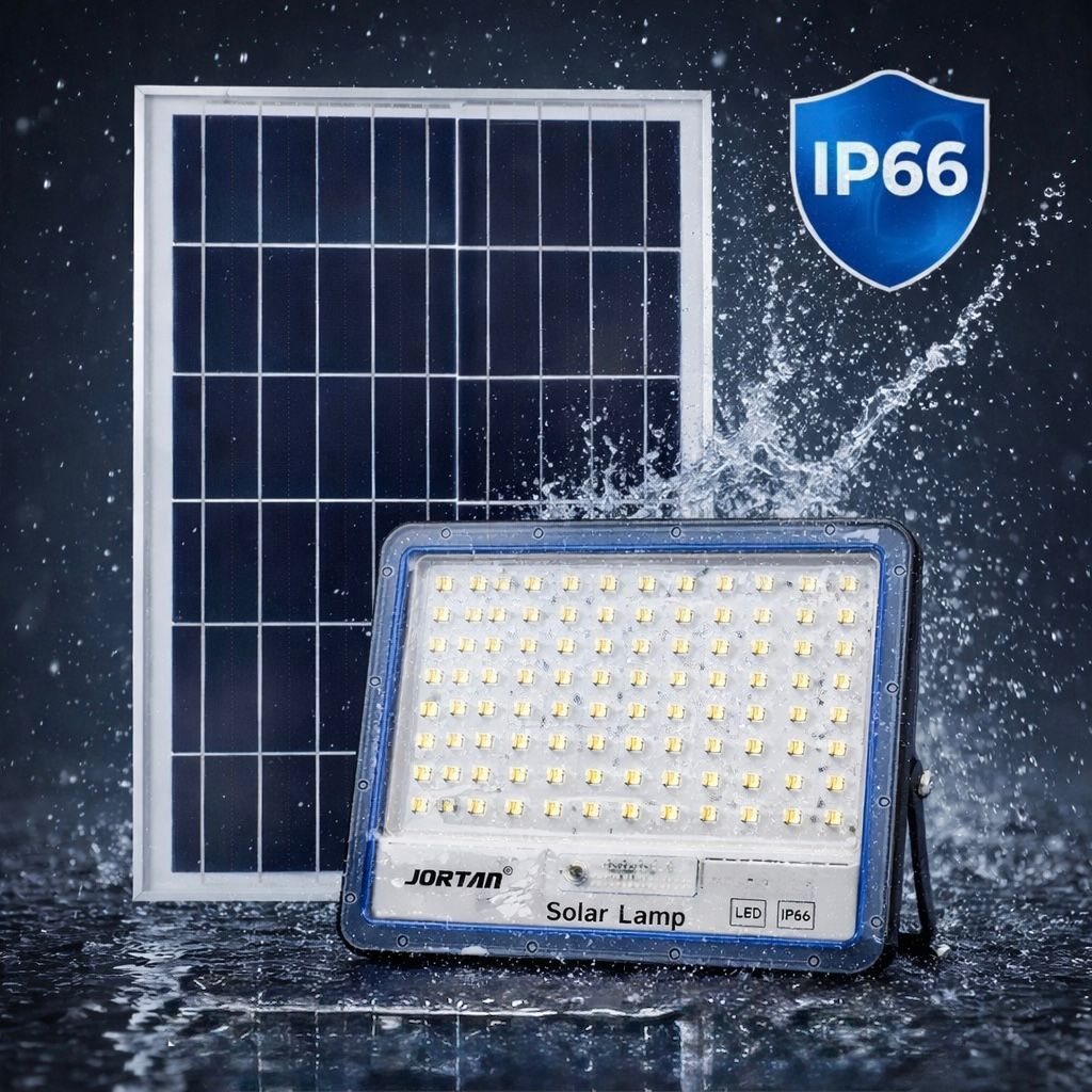 Proiector Solar LED JORTAN Exterior 400W, 176 LED SMD, cu Panou Solar 25W Extern, Telecomanda, Lumina Alb Rece, Senzor Lumina, IP66 Rezistent la Apa si Praf, pentru Curte, Gradina, Alee, Garaj si Parcare