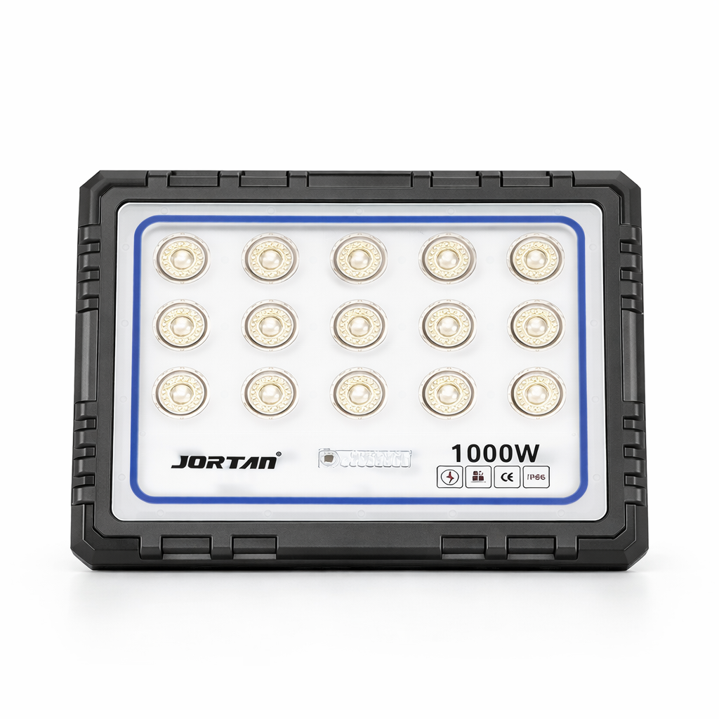 Proiector Solar LED 1000W JORTAN, Rama aluminiu, Panou Solar 40W, 225 LED-uri Ultra Puternice, Senzor de Mișcare, Telecomandă, IP66 Impermeabil, Fără Consum Electric, pentru Curte, Parcare, Alee