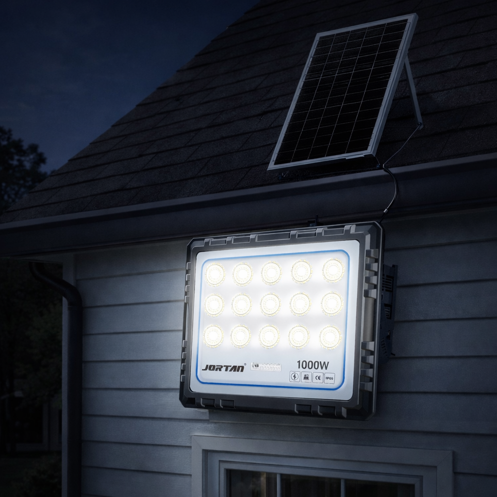Proiector Solar LED 1000W JORTAN, Rama aluminiu, Panou Solar 40W, 225 LED-uri Ultra Puternice, Senzor de Mișcare, Telecomandă, IP66 Impermeabil, Fără Consum Electric, pentru Curte, Parcare, Alee