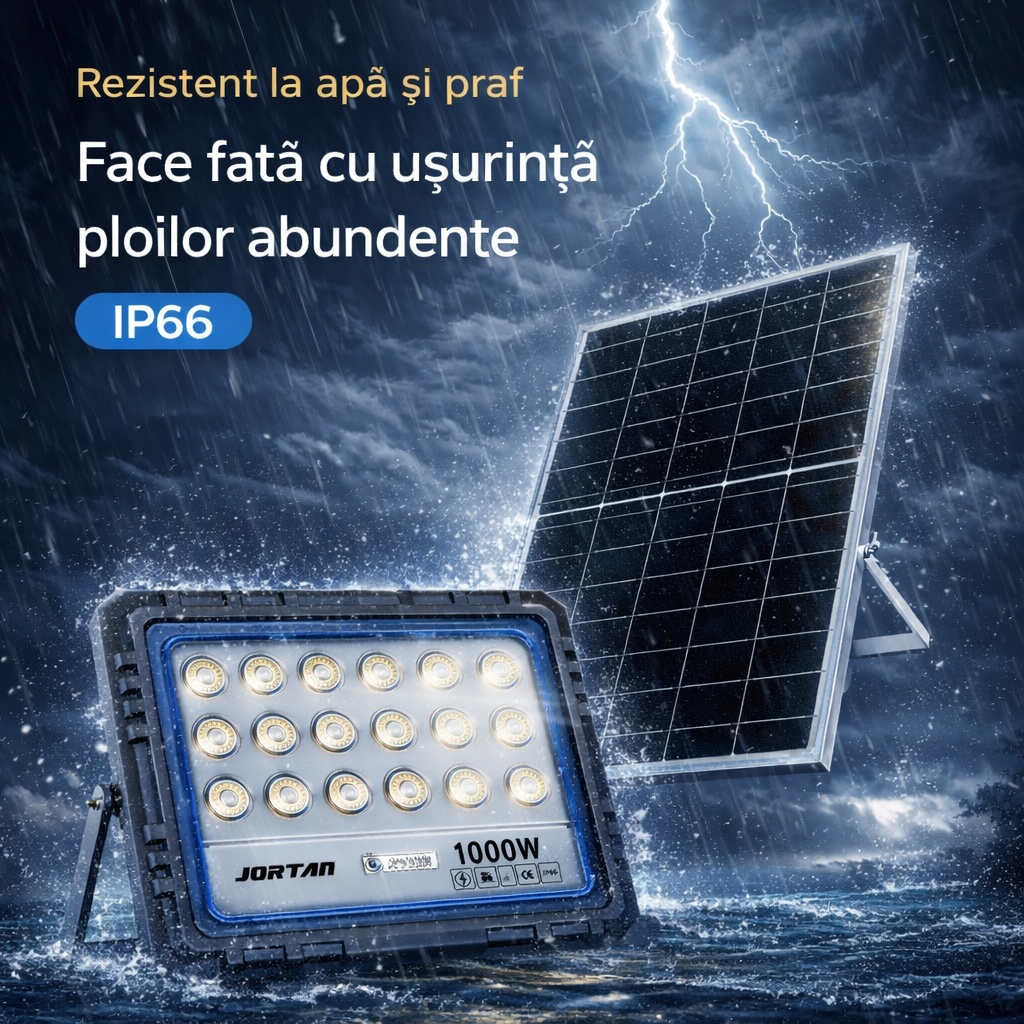 Proiector Solar LED 1000W JORTAN, Rama aluminiu, Panou Solar 40W, 225 LED-uri Ultra Puternice, Senzor de Mișcare, Telecomandă, IP66 Impermeabil, Fără Consum Electric, pentru Curte, Parcare, Alee