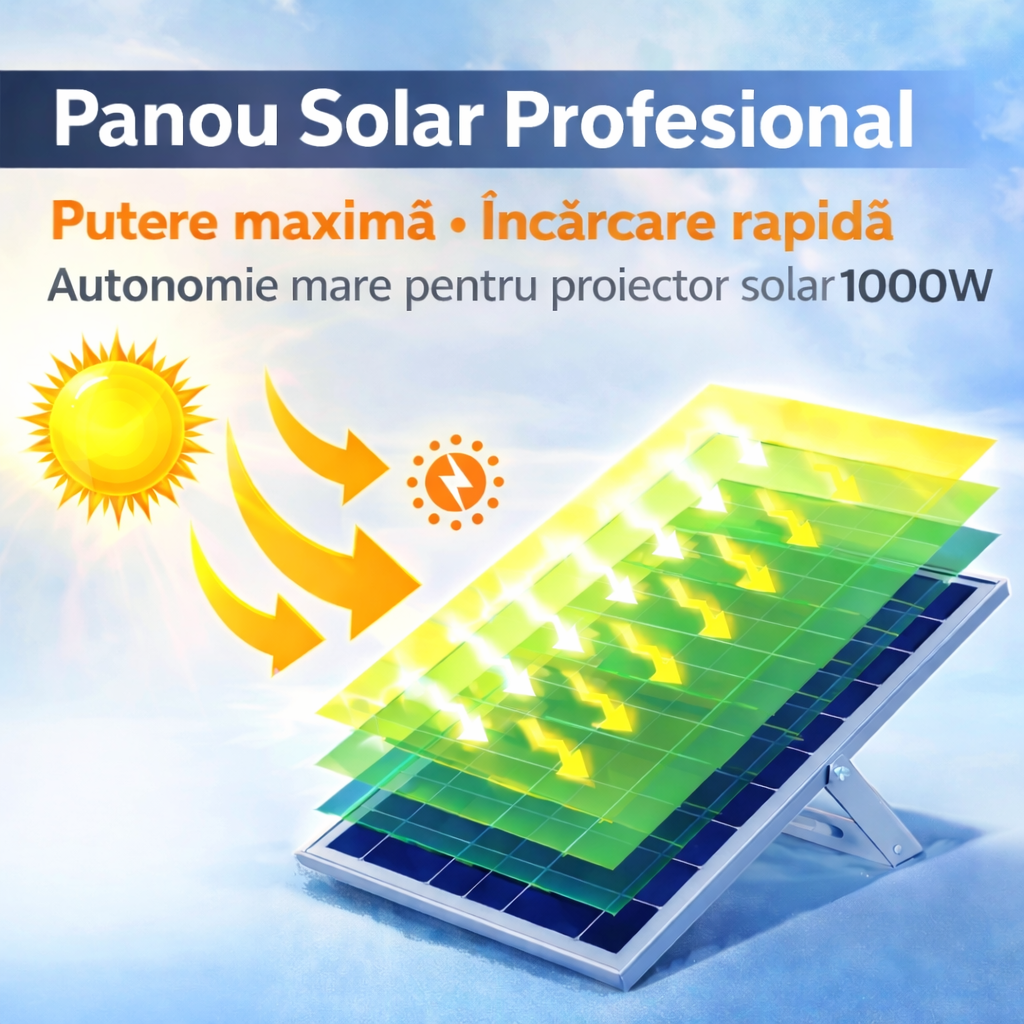 Proiector Solar LED 1000W JORTAN, Rama aluminiu, Panou Solar 40W, 225 LED-uri Ultra Puternice, Senzor de Mișcare, Telecomandă, IP66 Impermeabil, Fără Consum Electric, pentru Curte, Parcare, Alee