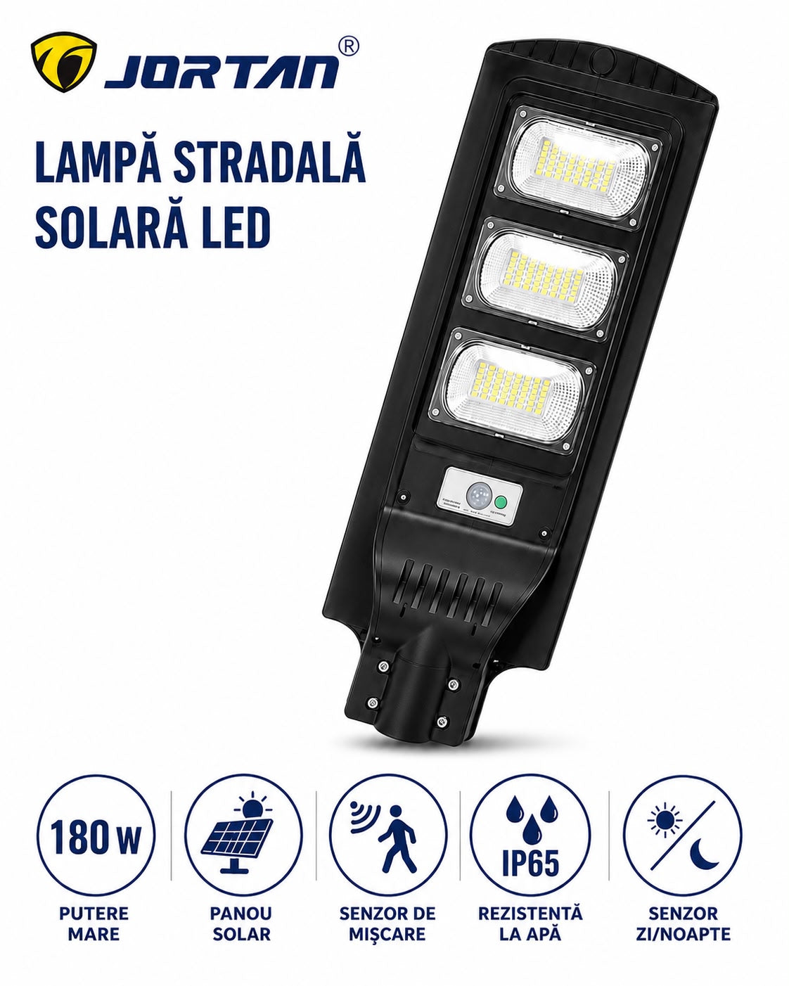 Lampa Solara Stradala 180W JORTAN cu 3 cadrane LED, Panou Solar 3.2V, Baterie 24.000 mAh, Telecomanda Wireless, Senzor Lumina, Autonomie pana la 24h, Protectie IP65