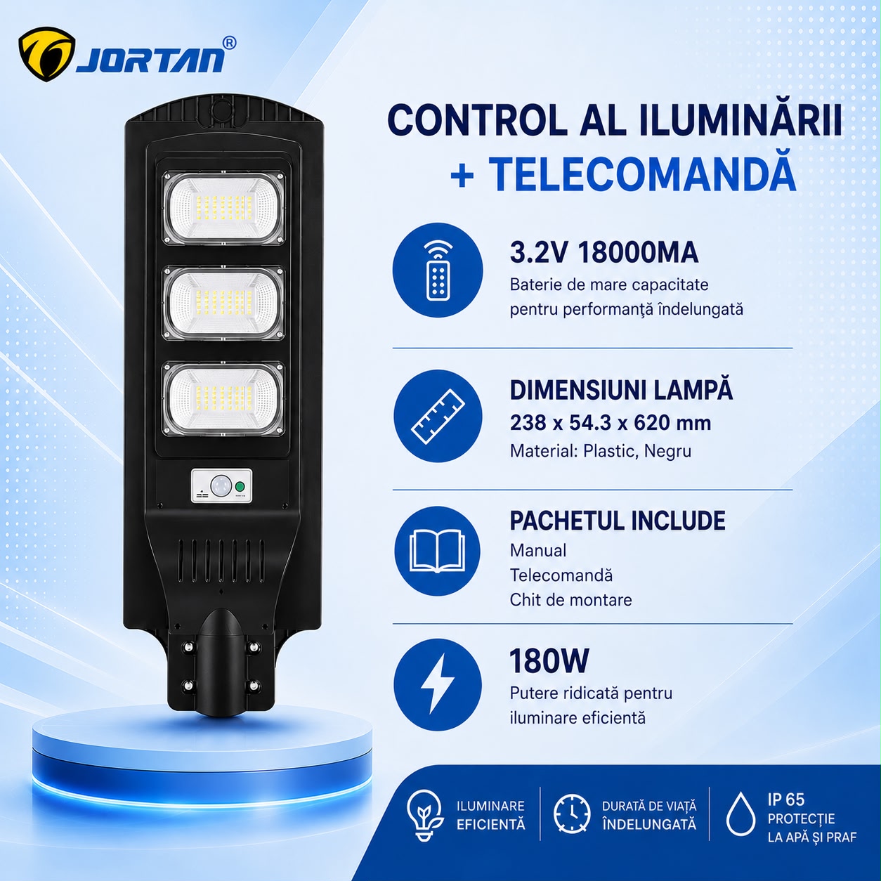 Lampa Solara Stradala 180W JORTAN cu 3 cadrane LED, Panou Solar 3.2V, Baterie 24.000 mAh, Telecomanda Wireless, Senzor Lumina, Autonomie pana la 24h, Protectie IP65