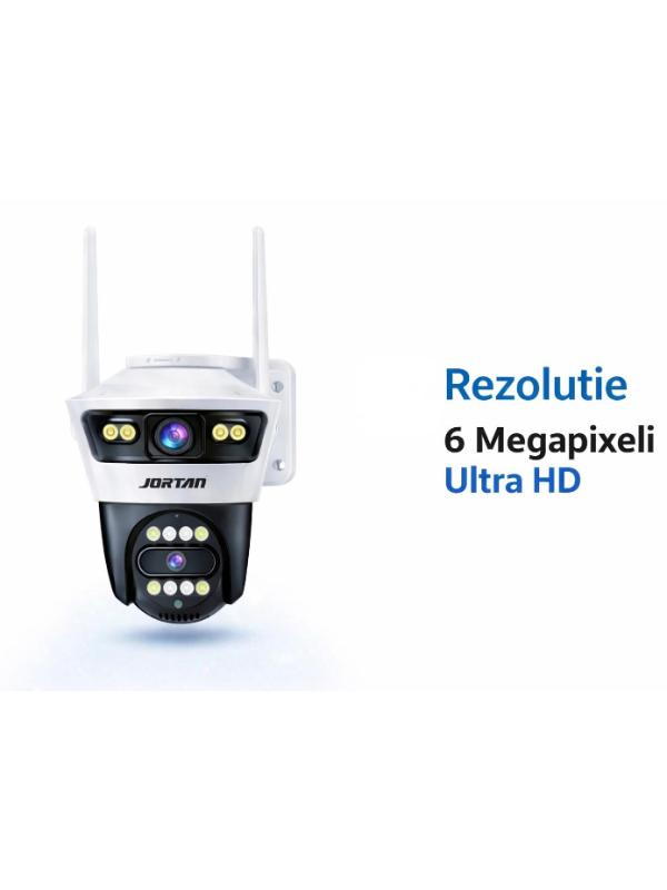 Pachet 2 Camere de Supraveghere WiFi Jortan 4, 6MP, Dual Lens, PTZ 360°, IP66, Vedere Nocturnă Color, Audio Bidirecțional, Aplicație Yoosee, 2 Carduri MicroSD 32GB Incluse