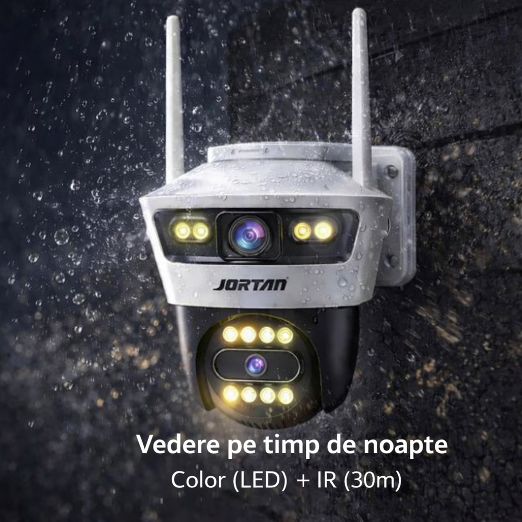 Pachet 2 Camere de Supraveghere WiFi Jortan 4, 6MP, Dual Lens, PTZ 360°, IP66, Vedere Nocturnă Color, Audio Bidirecțional, Aplicație Yoosee, 2 Carduri MicroSD 32GB Incluse