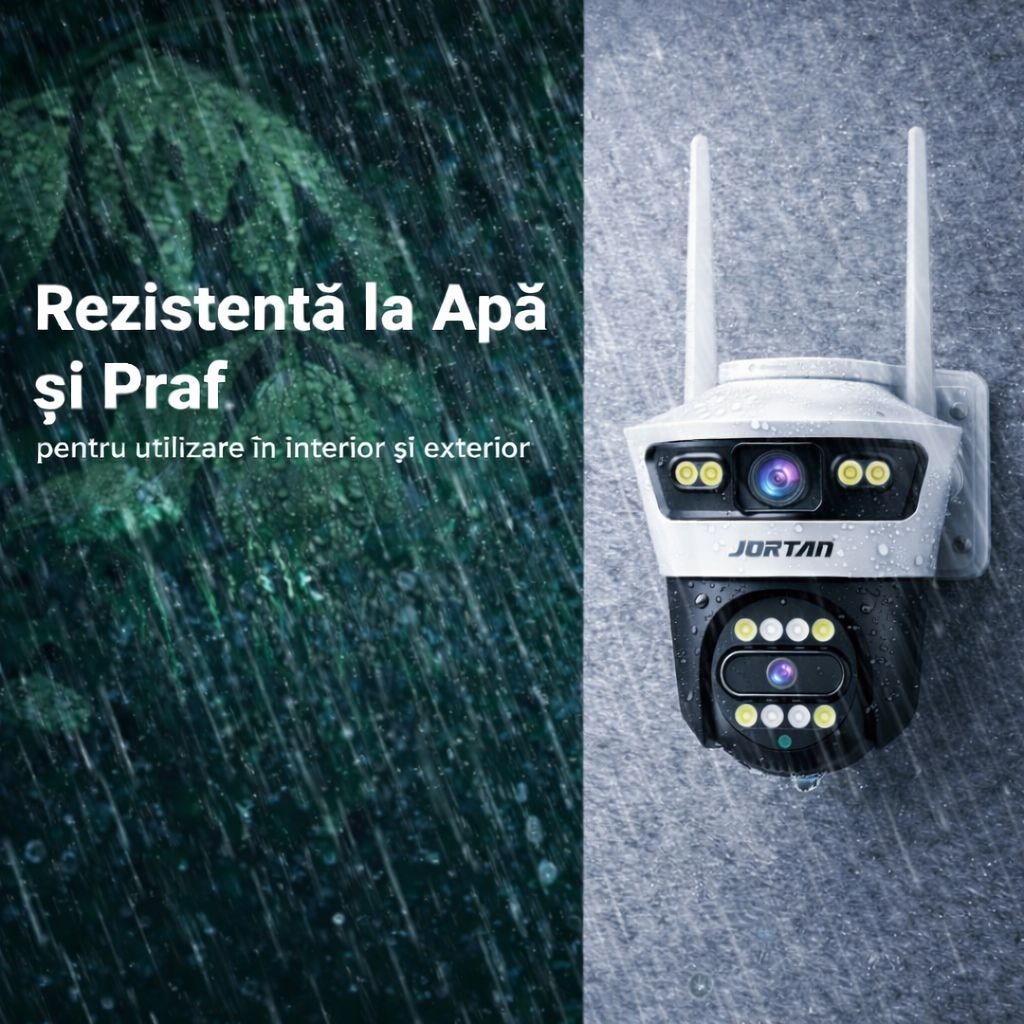 Pachet 2 Camere de Supraveghere WiFi Jortan 4, 6MP, Dual Lens, PTZ 360°, IP66, Vedere Nocturnă Color, Audio Bidirecțional, Aplicație Yoosee, 2 Carduri MicroSD 32GB Incluse