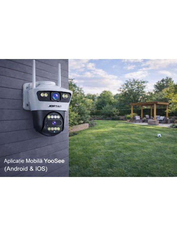 Pachet 2 Camere de Supraveghere WiFi Jortan 4, 6MP, Dual Lens, PTZ 360°, IP66, Vedere Nocturnă Color, Audio Bidirecțional, Aplicație Yoosee, 2 Carduri MicroSD 32GB Incluse