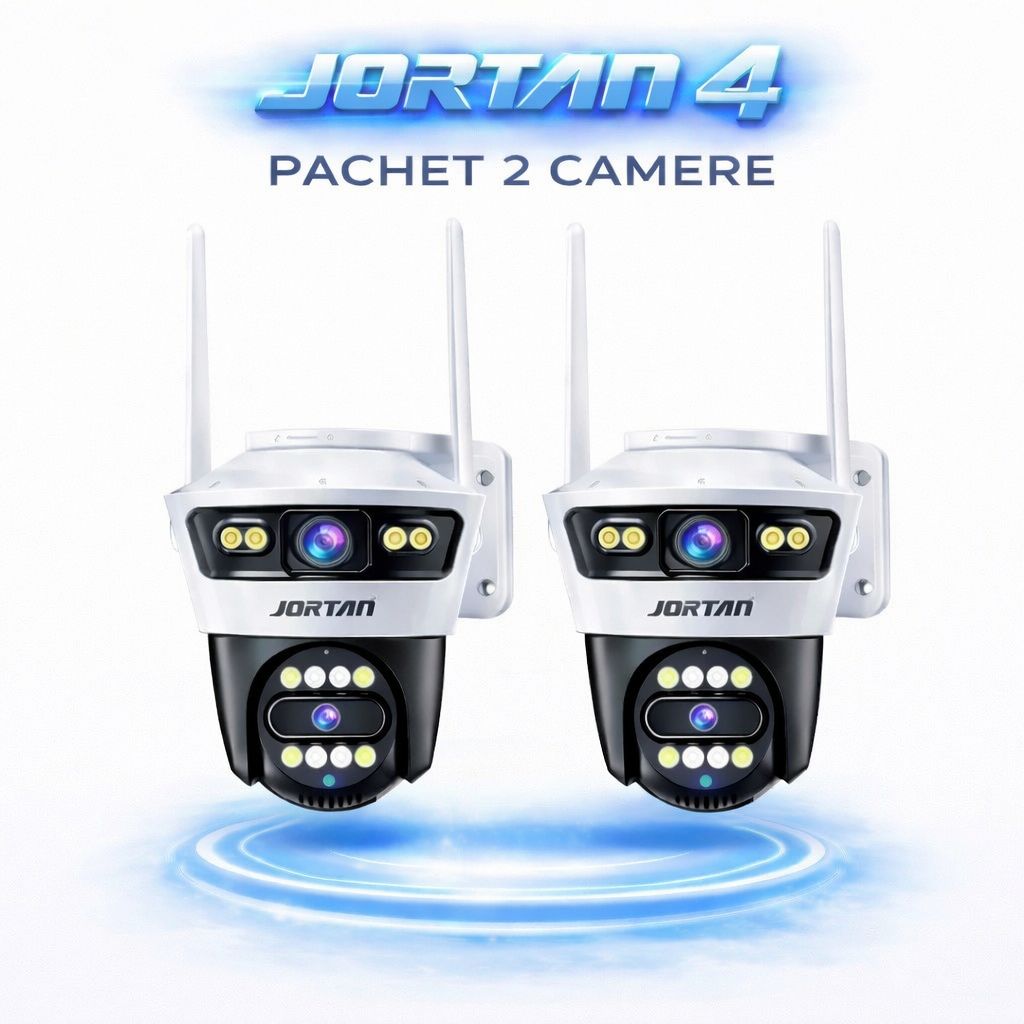 Pachet 2 Camere de Supraveghere WiFi Jortan 4, 6MP, Dual Lens, PTZ 360°, IP66, Vedere Nocturnă Color, Audio Bidirecțional, Aplicație Yoosee, 2 Carduri MicroSD 32GB Incluse