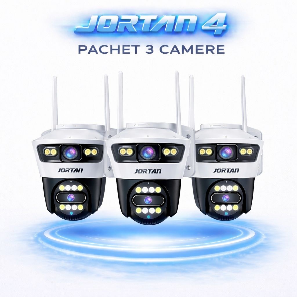 Pachet 3 Camere de Supraveghere WiFi Jortan 4, 6MP, Dual Lens, PTZ 360°, IP66, Vedere Nocturna Color, Audio Bidirectional, Aplicatie Yoosee, 3 Carduri MicroSD 32GB Incluse