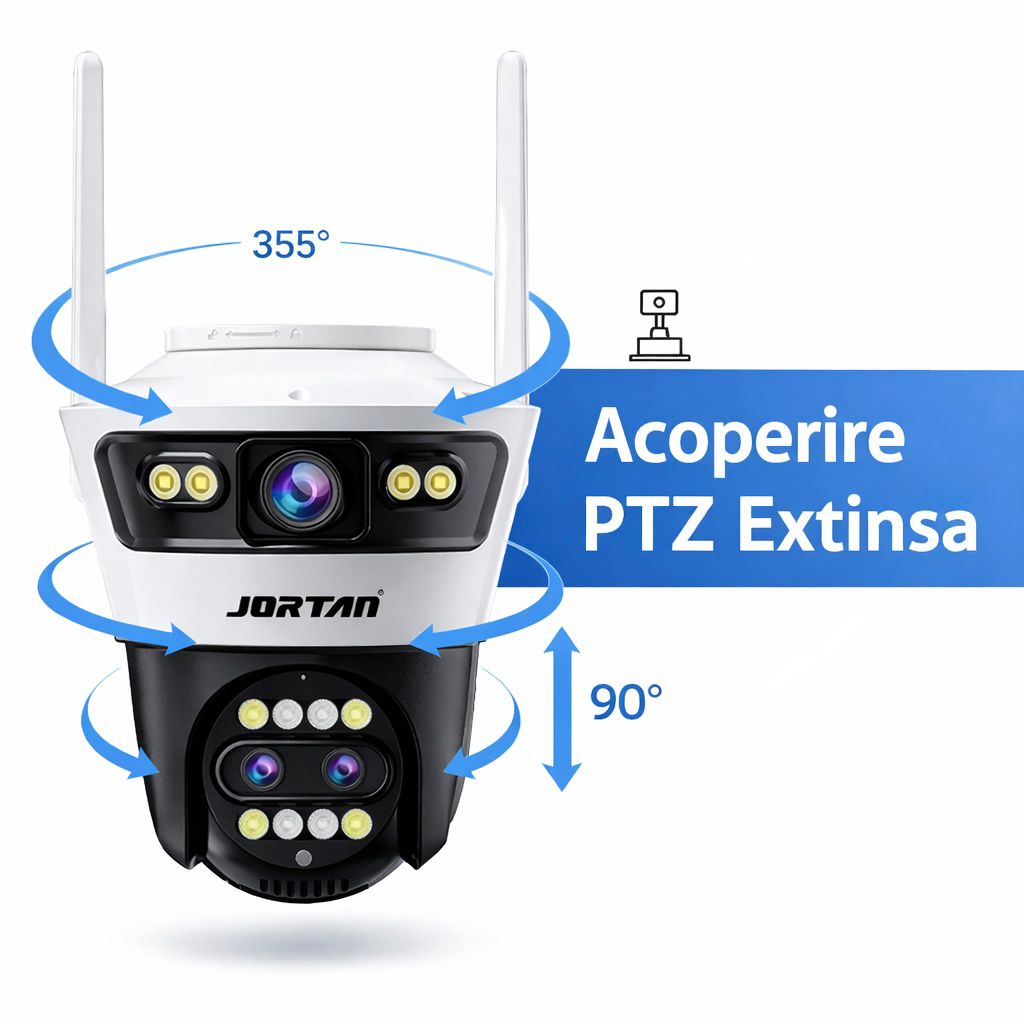 Camera de Supraveghere WiFi Jortan 5, 9MP, Sistem de Lentile Triple, PTZ 360°, IP66, Vedere Nocturna Color, Audio Bidirectional, Aplicatie Yoosee, Card MicroSD 32GB Inclus