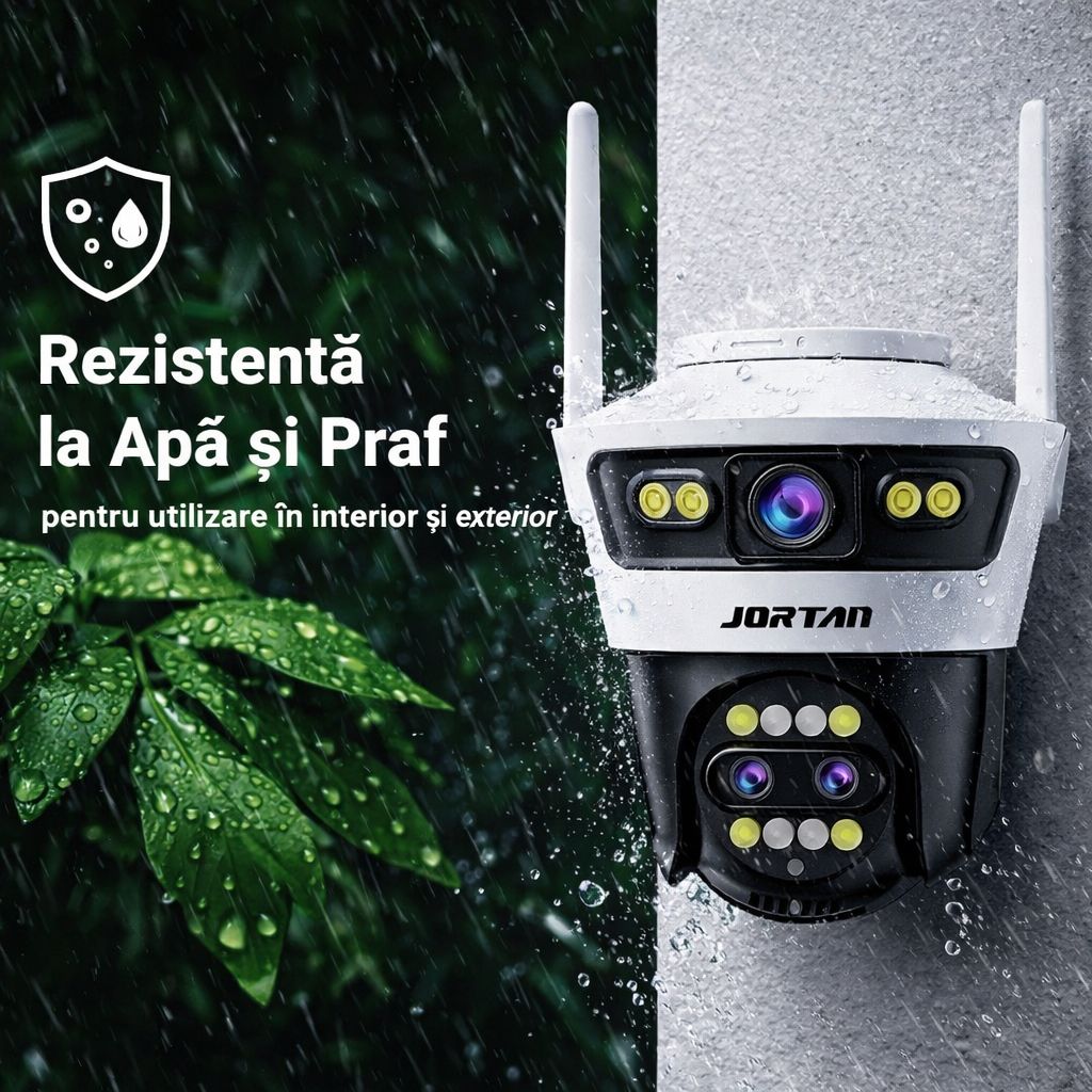 Camera de Supraveghere WiFi Jortan 5, 9MP, Sistem de Lentile Triple, PTZ 360°, IP66, Vedere Nocturna Color, Audio Bidirectional, Aplicatie Yoosee, Card MicroSD 32GB Inclus