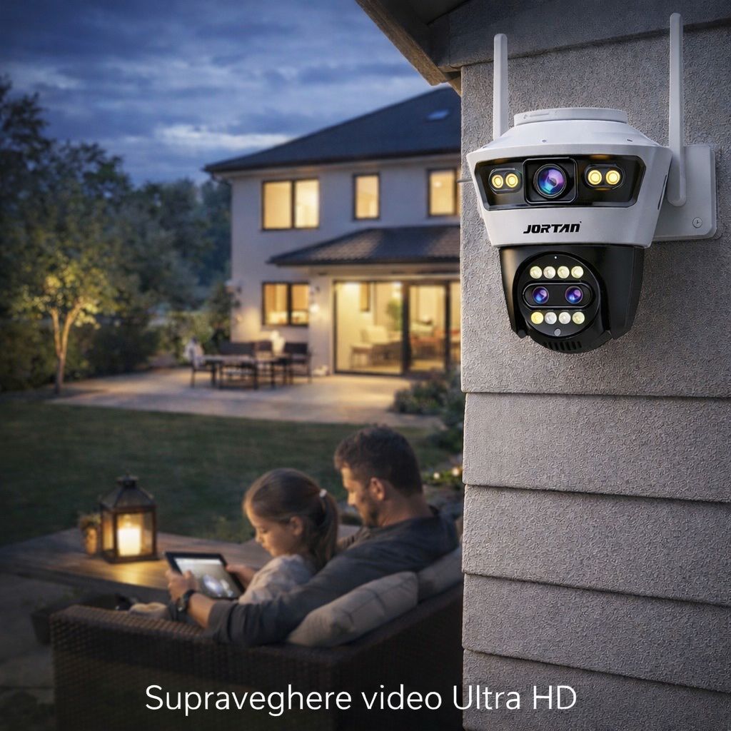 Camera de Supraveghere WiFi Jortan 5, 9MP, Sistem de Lentile Triple, PTZ 360°, IP66, Vedere Nocturna Color, Audio Bidirectional, Aplicatie Yoosee, Card MicroSD 32GB Inclus