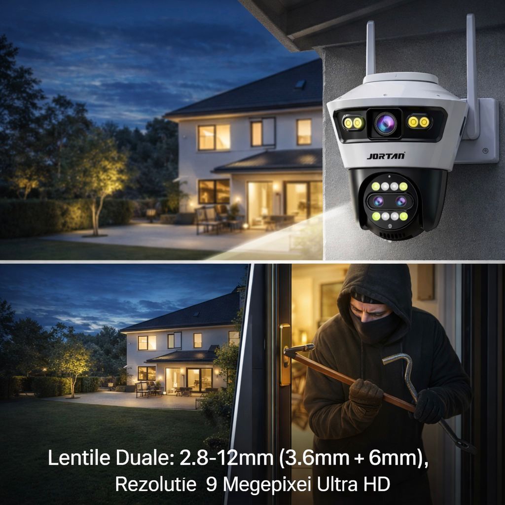 Camera de Supraveghere WiFi Jortan 5, 9MP, Sistem de Lentile Triple, PTZ 360°, IP66, Vedere Nocturna Color, Audio Bidirectional, Aplicatie Yoosee, Card MicroSD 32GB Inclus