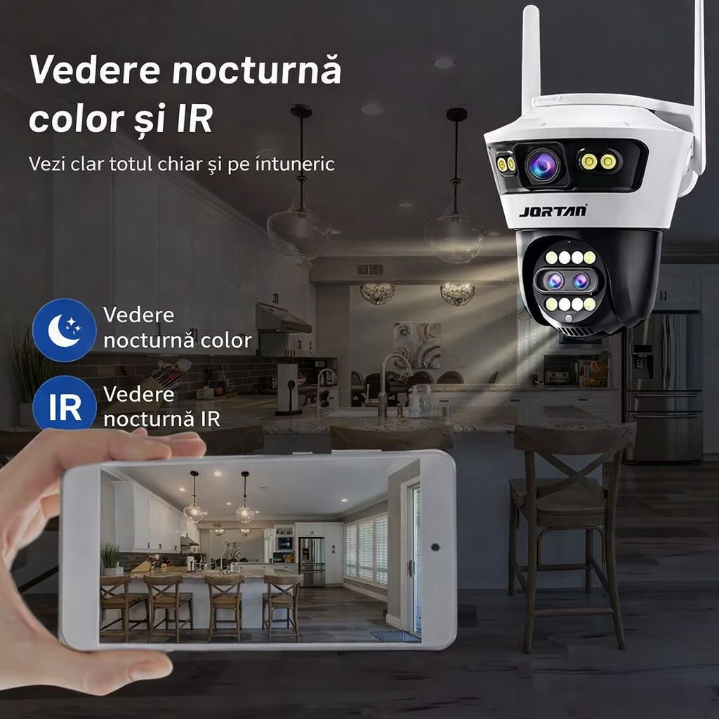 Camera de Supraveghere WiFi Jortan 5, 9MP, Sistem de Lentile Triple, PTZ 360°, IP66, Vedere Nocturna Color, Audio Bidirectional, Aplicatie Yoosee, Card MicroSD 32GB Inclus