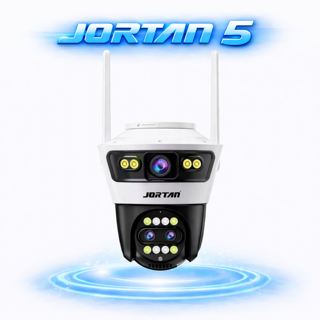 Cameră de Supraveghere WiFi Jortan 5, 9MP, Sistem de Lentile Triple, PTZ 360°, IP66, Vedere Nocturnă Color, Audio Bidirecțional, Aplicație Yoosee, Card MicroSD 64GB Inclus