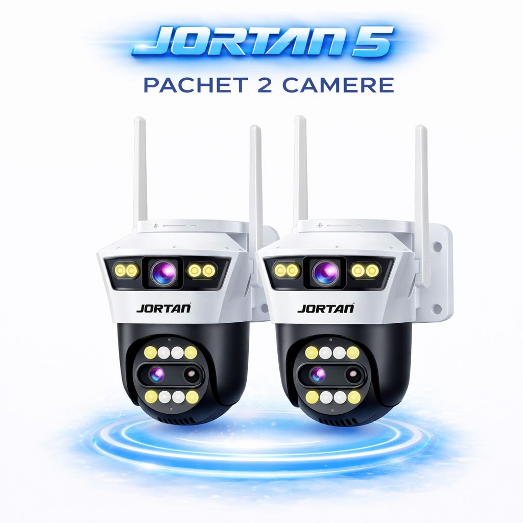 Pachet 2 Camere de Supraveghere WiFi Jortan 5, 9MP, Triple Lens, PTZ 360°, IP66, Vedere Nocturna Color, Audio Bidirectional, Aplicatie Yoosee, 2 Carduri MicroSD 32GB Inclus