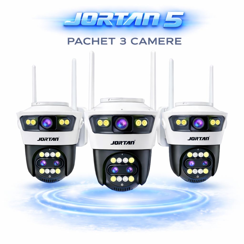 Pachet 3 Camere de Supraveghere WiFi Jortan 5, 9MP, Triple Lens, PTZ 360°, IP66, Vedere Nocturna Color, Audio Bidirectional, Aplicatie Yoosee, 3 Carduri MicroSD 32GB Inclus