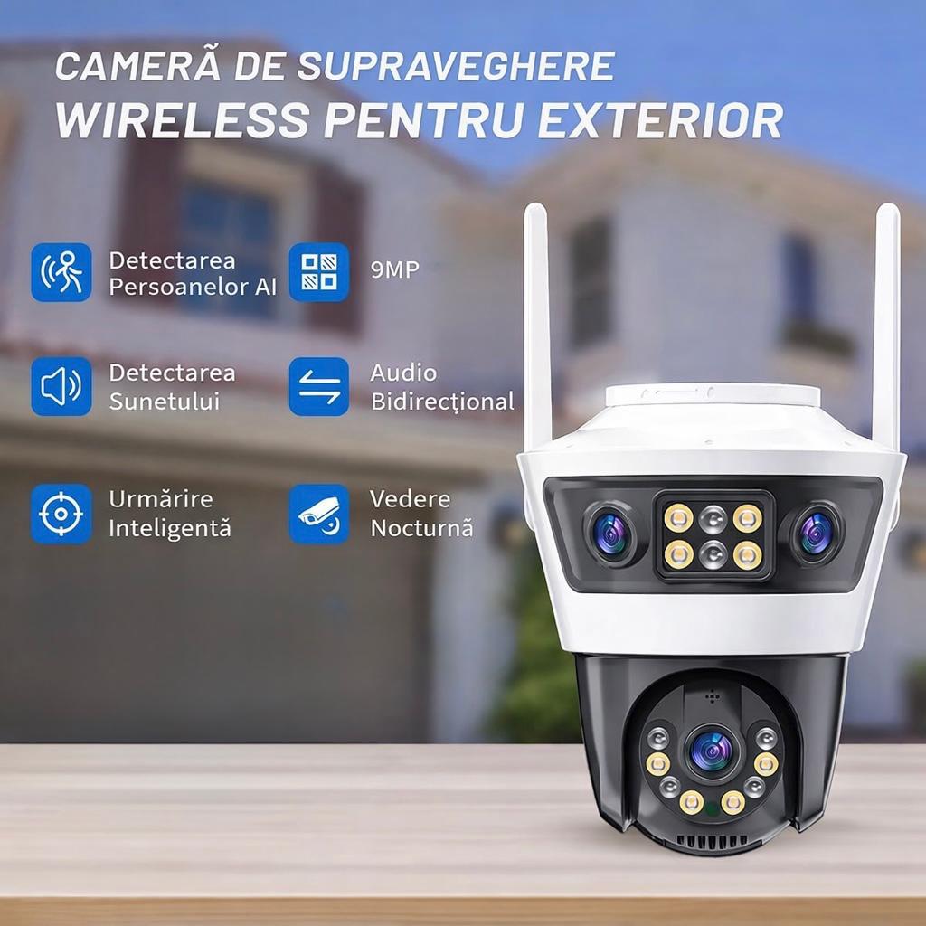 Camera de Supraveghere WiFi Jortan 6, 9MP, PTZ 355°, IP66, Vedere Nocturna Color, Senzor PIR, Audio Bidirectional, Aplicatie Yoosee, Card MicroSD 32GB Inclus