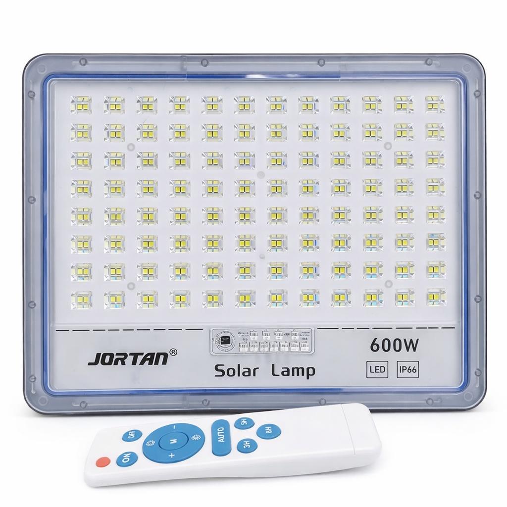 Proiector Solar LED JORTAN Exterior 600W, 216 LED SMD, cu Panou Solar 30W Extern, Telecomanda, Lumina Alb Rece, Senzor Lumina, IP66 Rezistent la Apa si Praf, pentru Curte, Gradina, Alee, Garaj si Parcare