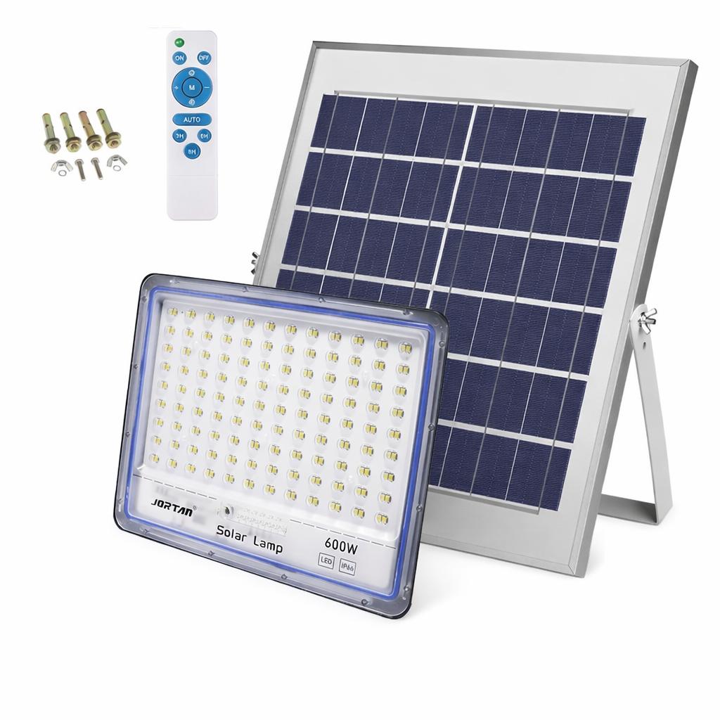 Proiector Solar LED JORTAN Exterior 600W, 216 LED SMD, cu Panou Solar 30W Extern, Telecomanda, Lumina Alb Rece, Senzor Lumina, IP66 Rezistent la Apa si Praf, pentru Curte, Gradina, Alee, Garaj si Parcare