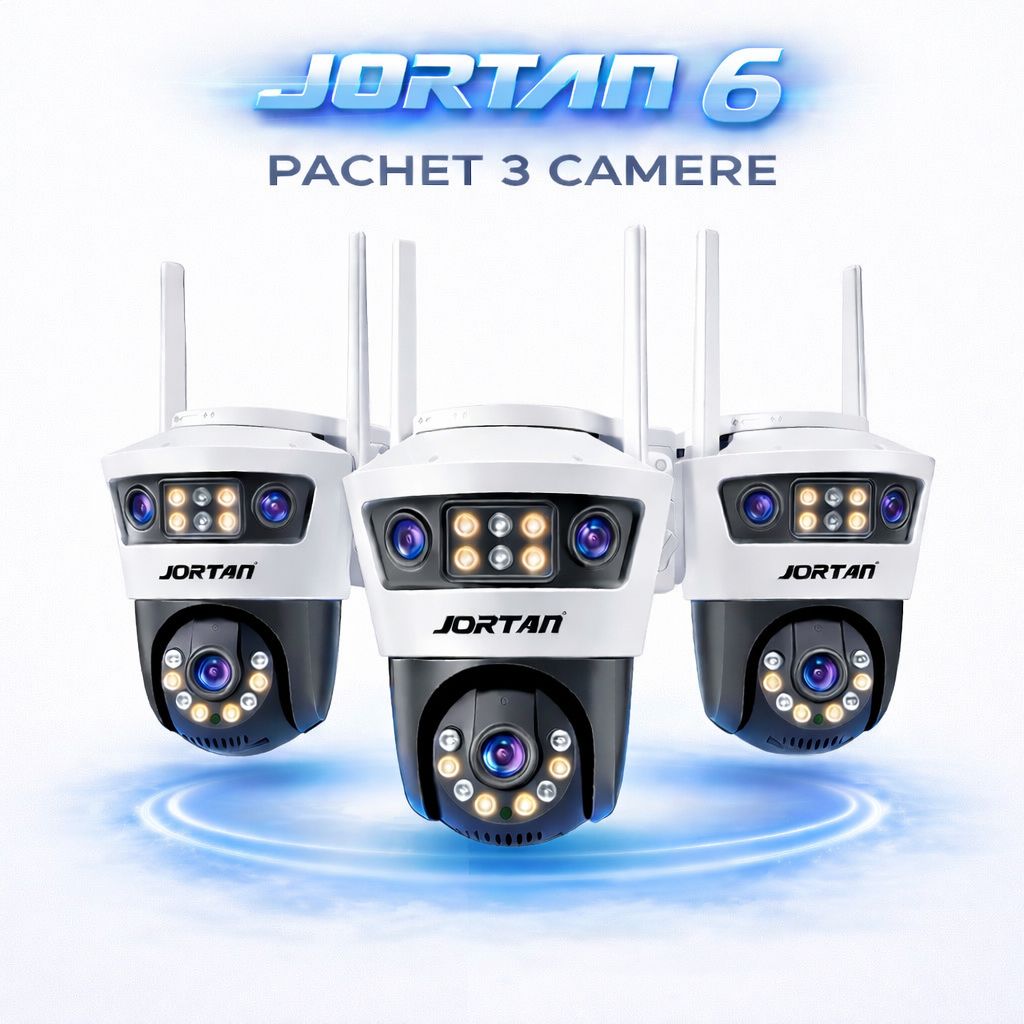 Pachet 3 Camere de Supraveghere WiFi Jortan 6, 9MP, PTZ 355°, IP66, Vedere Nocturna Color, Senzor PIR, Audio Bidirectional, Aplicatie Yoosee, 3 Carduri MicroSD 32GB Inclus