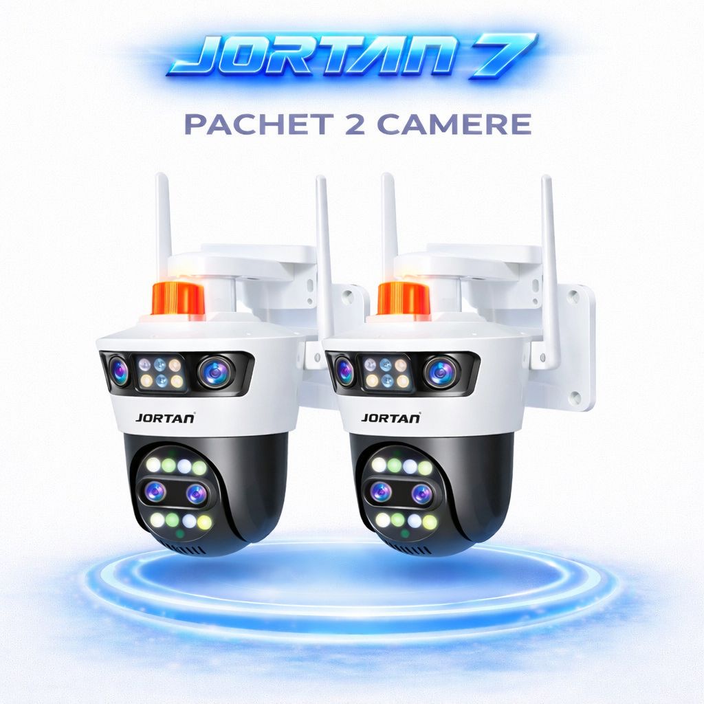Pachet 2 Camere de Supraveghere WiFi Jortan 7, 12MP, Quad Lens, PTZ 360°, IP66, Vedere Nocturna Color, Audio Bidirectional, Alarma Integrata, Aplicatie Yoosee, 2 Carduri MicroSD 32GB Incluse