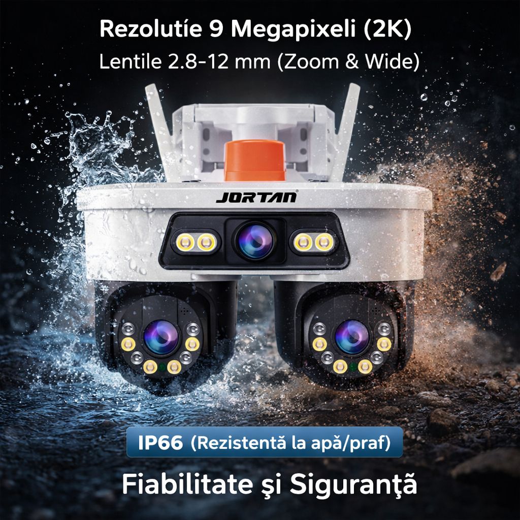 Pachet 2 Camere de Supraveghere WiFi Jortan8, 9MP, Triple Lens, PTZ 360°, IP67, Vedere Nocturnă Color, Audio Bidirecțional, Aplicație Yoosee, 2 Carduri MicroSD 64GB Inclus