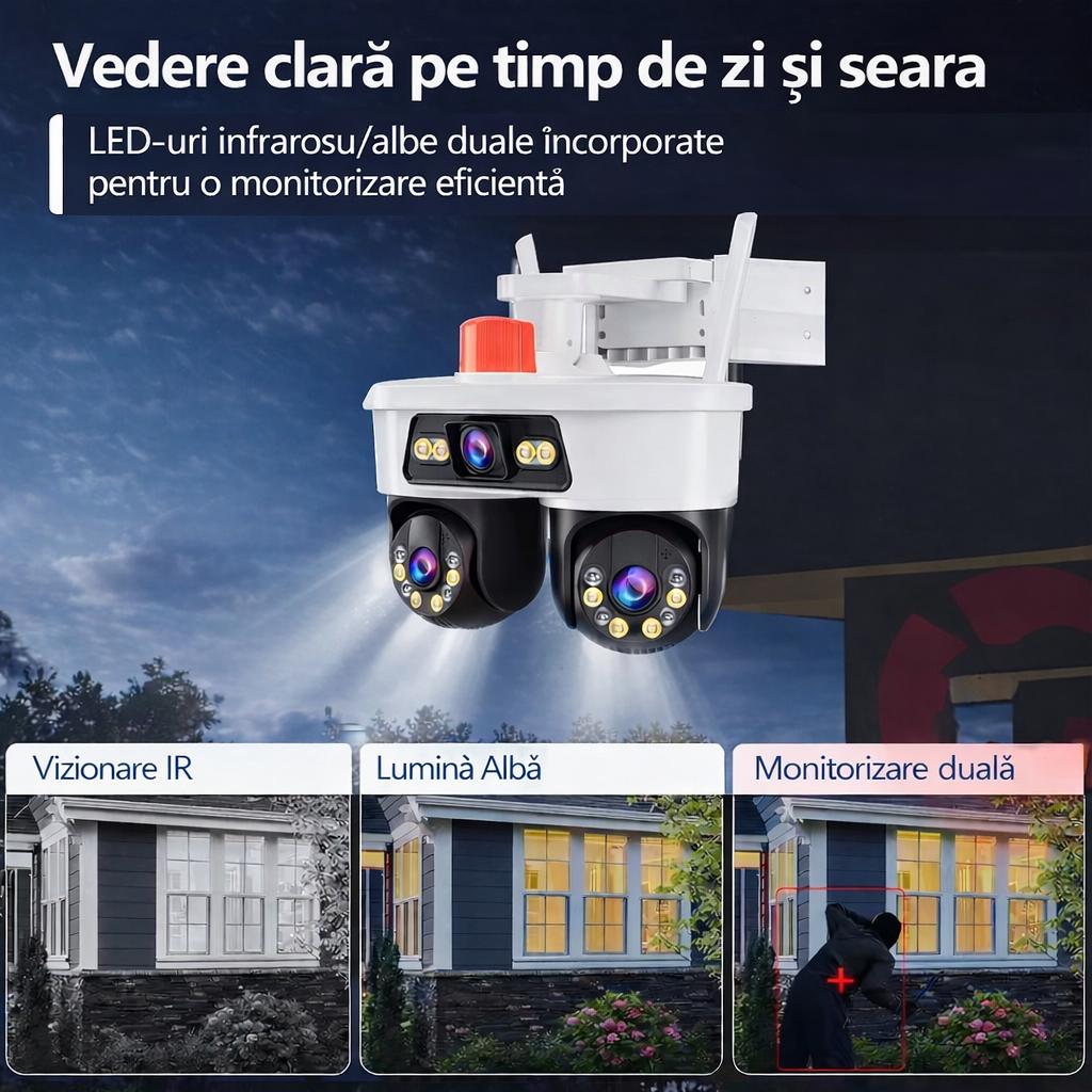 Pachet 2 Camere de Supraveghere WiFi Jortan8, 9MP, Triple Lens, PTZ 360°, IP67, Vedere Nocturnă Color, Audio Bidirecțional, Aplicație Yoosee, 2 Carduri MicroSD 64GB Inclus