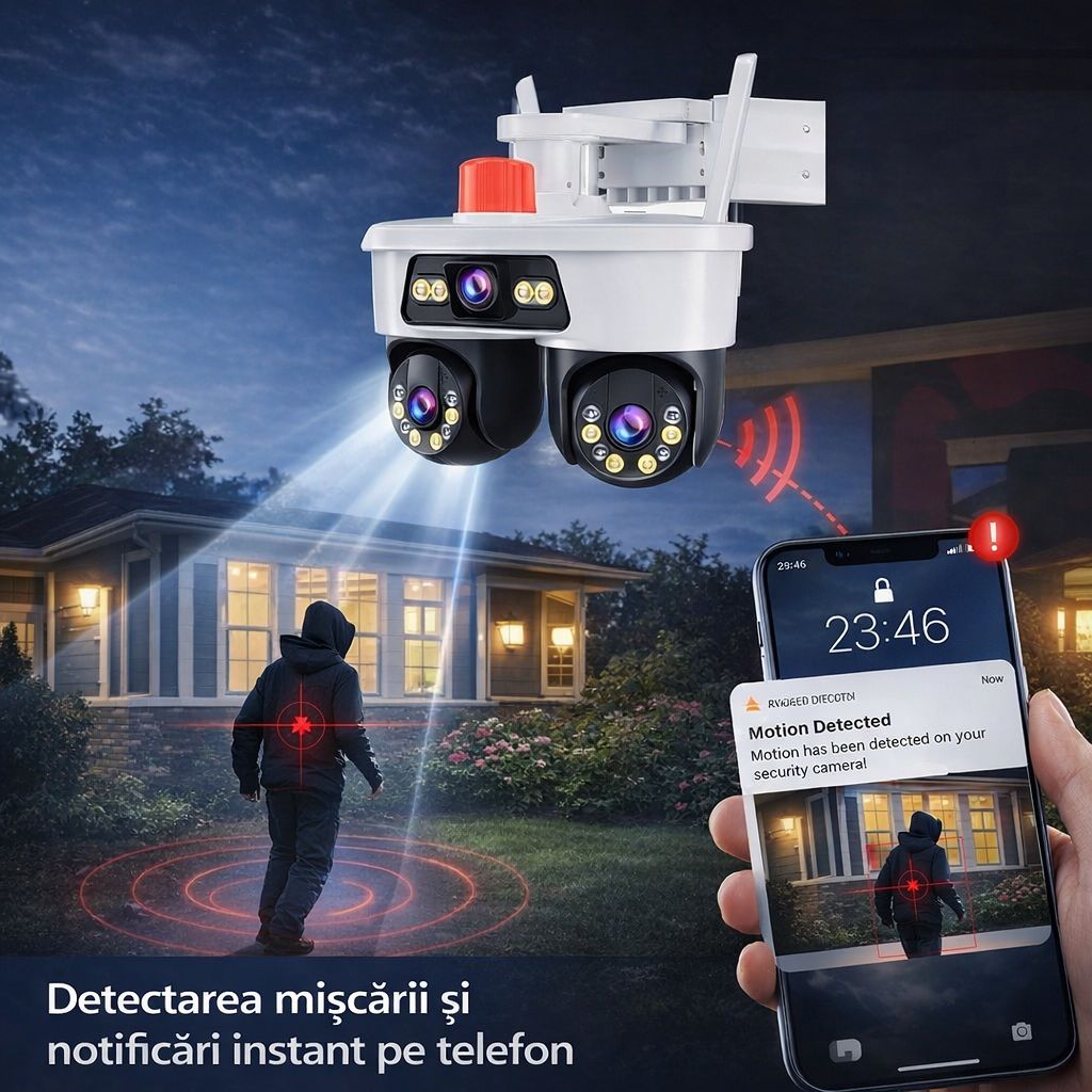 Pachet 2 Camere de Supraveghere WiFi Jortan8, 9MP, Triple Lens, PTZ 360°, IP67, Vedere Nocturnă Color, Audio Bidirecțional, Aplicație Yoosee, 2 Carduri MicroSD 64GB Inclus