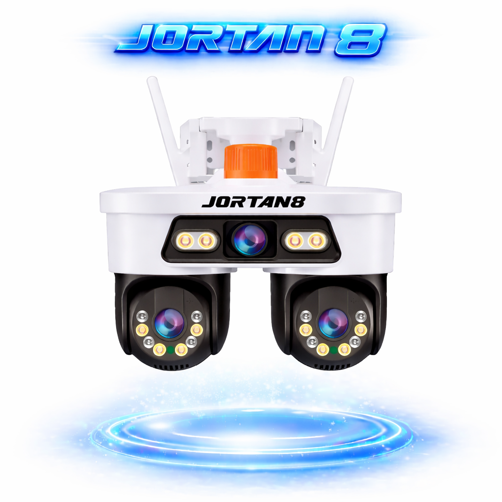 Camera de Supraveghere WiFi Jortan8, 9MP, Triple Lens, PTZ 360°, IP67, Vedere Nocturna Color, Audio Bidirectional, Aplicatie Yoosee, Card MicroSD 32GB Inclus