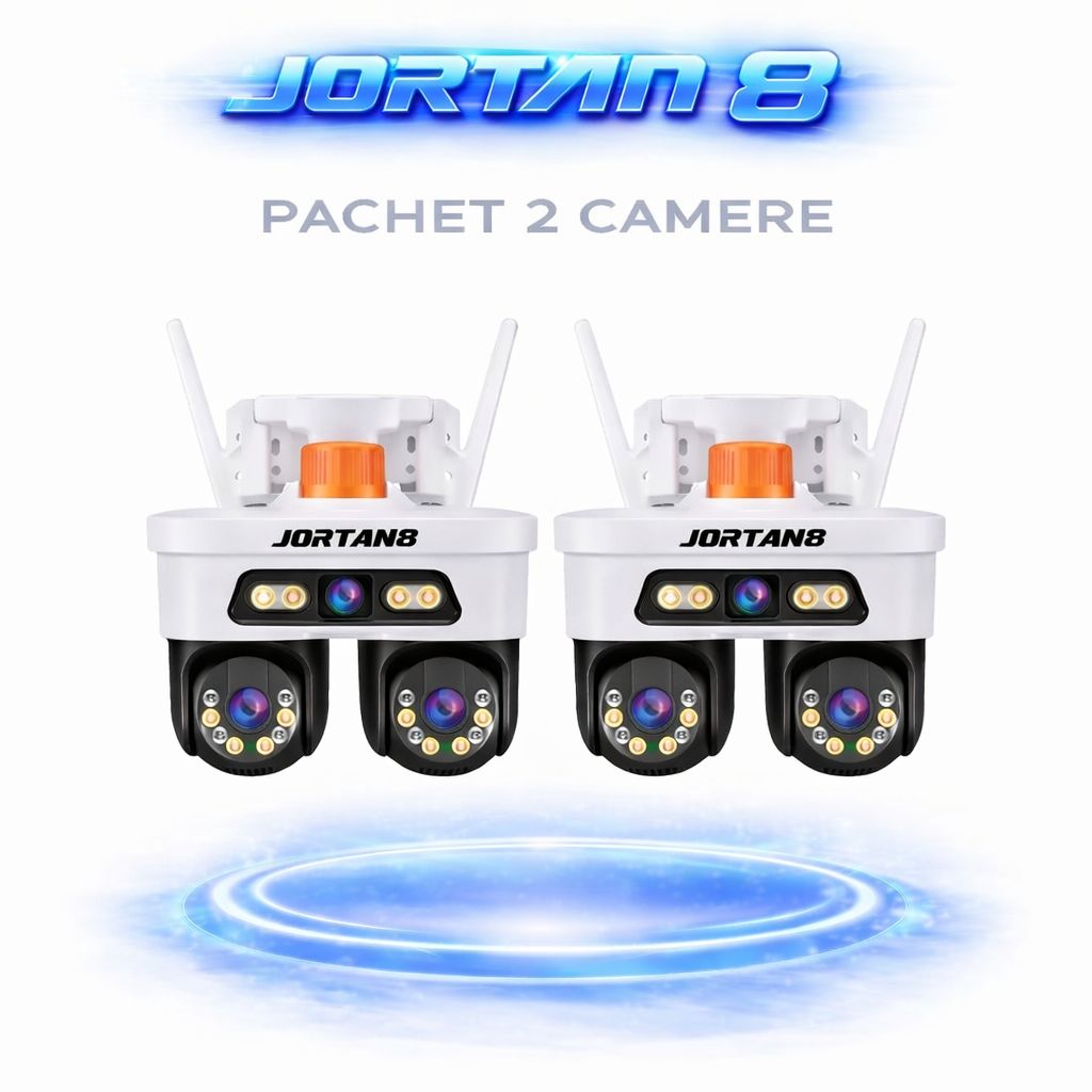 Pachet 2 Camere de Supraveghere WiFi Jortan8, 9MP, Triple Lens, PTZ 360°, IP67, Vedere Nocturnă Color, Audio Bidirecțional, Aplicație Yoosee, 2 Carduri MicroSD 64GB Inclus