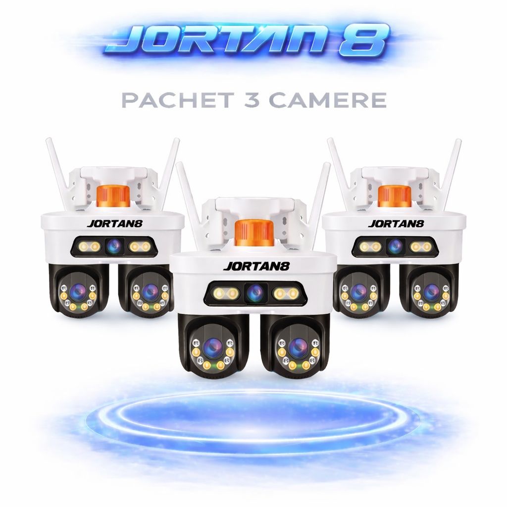 Pachet 3 Camere de Supraveghere WiFi Jortan8, 9MP, Triple Lens, PTZ 360°, IP67, Vedere Nocturnă Color, Audio Bidirecțional, Aplicație Yoosee, 3 Carduri MicroSD 64GB Incluse