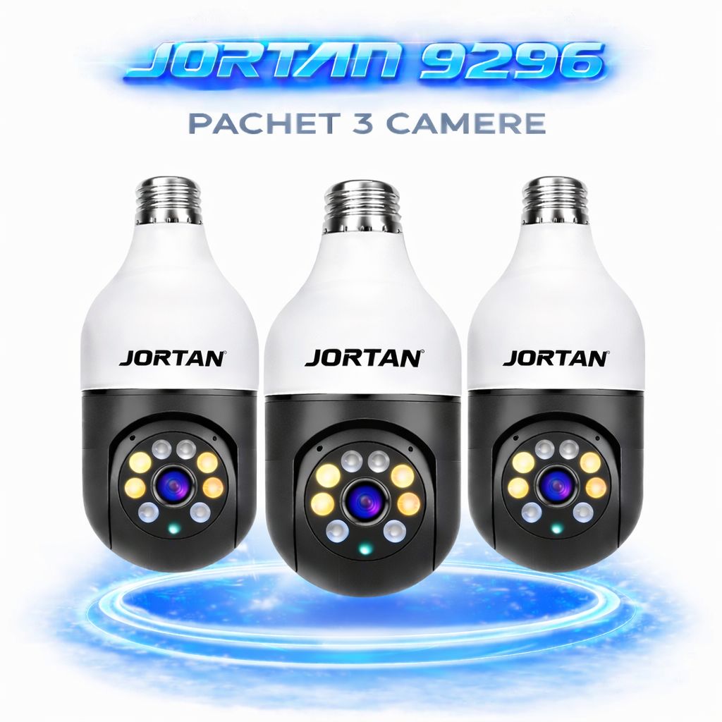 Pachet 3 Camere de Supraveghere WiFi Jortan 9296HJB, 2MP Full HD 1080P, PTZ 355°, Interior, Vedere Nocturnă Color, Audio Bidirecțional, Aplicație Yoosee, 3 Carduri MicroSD 32GB Incluse