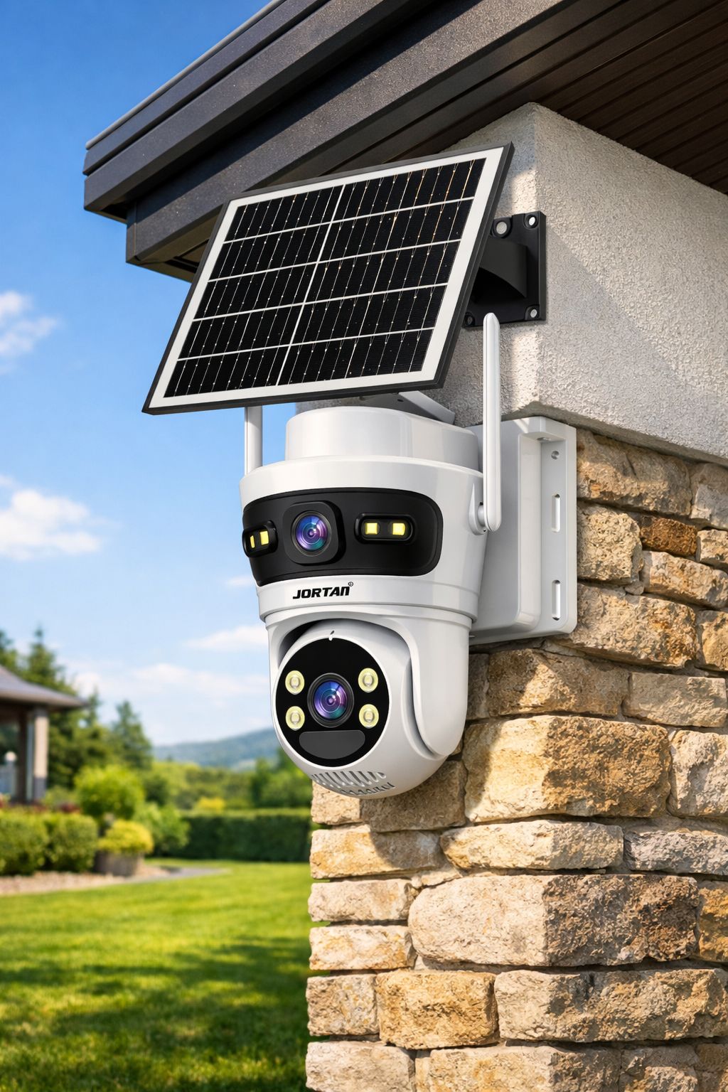 Camera Solara 4G Jortan 9682, 6MP Dual Lens, PTZ 360°, Full Color Noapte, Panou Solar Mare, Exterior IP66, Audio Bidirectional, Slot SIM, Card MicroSD 32GB Inclus