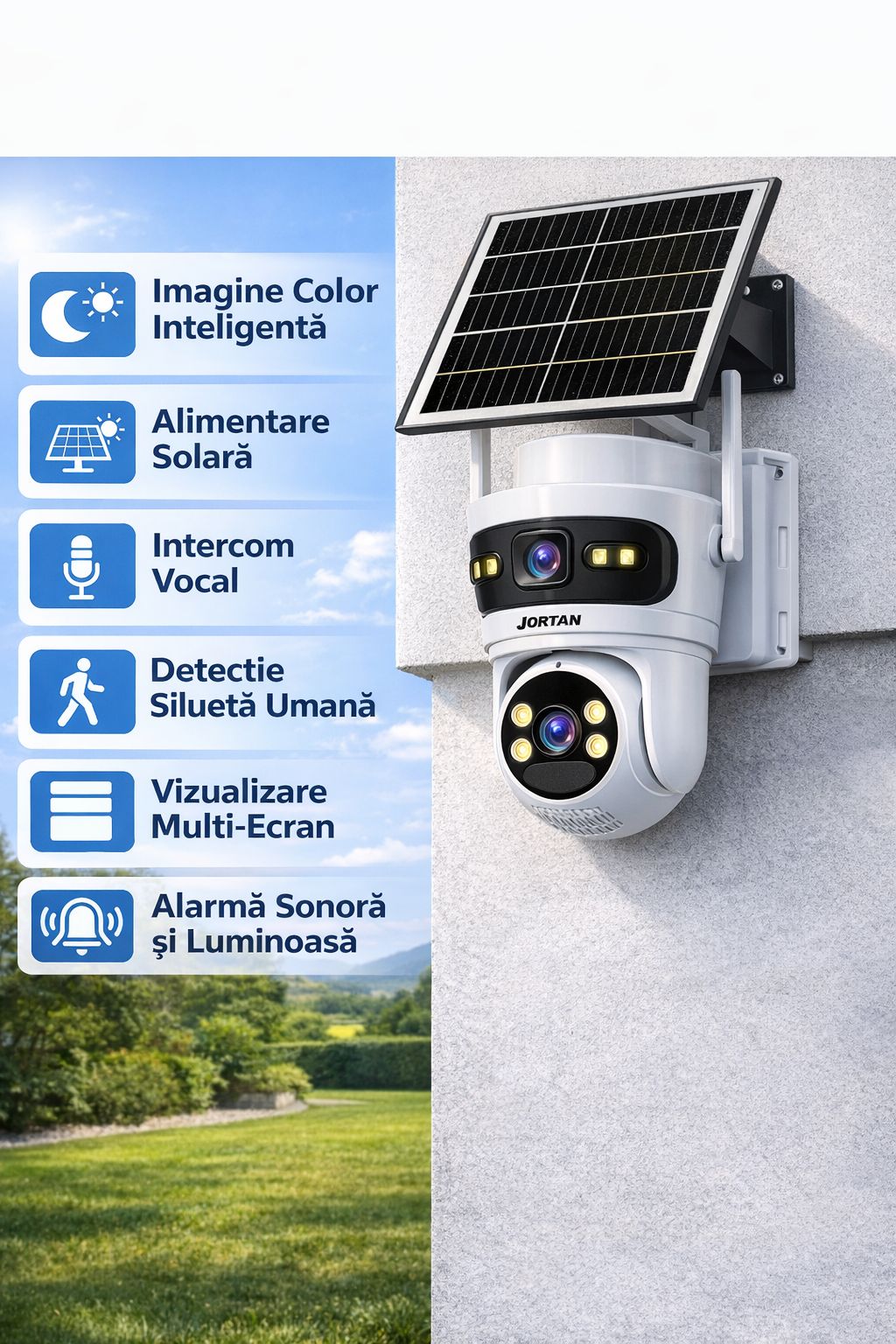 Camera Solara 4G Jortan 9682, 6MP Dual Lens, PTZ 360°, Full Color Noapte, Panou Solar Mare, Exterior IP66, Audio Bidirectional, Slot SIM, Card MicroSD 32GB Inclus
