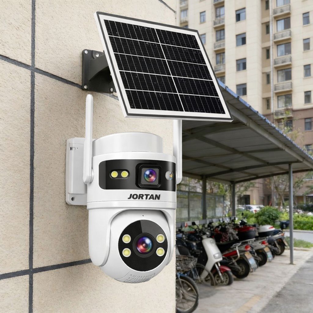 Camera Solara 4G Jortan 9682, 6MP Dual Lens, PTZ 360°, Full Color Noapte, Panou Solar Mare, Exterior IP66, Audio Bidirectional, Slot SIM, Card MicroSD 32GB Inclus