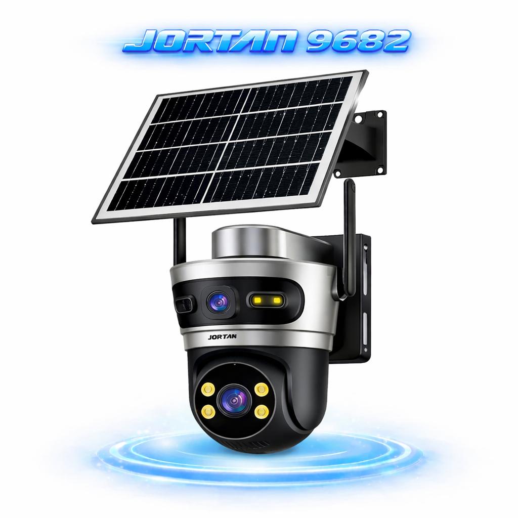 Camera Solara 4G Jortan 9682, 6MP Dual Lens, PTZ 360°, Full Color Noapte, Panou Solar Mare, Exterior IP66, Audio Bidirectional, Slot SIM, Card MicroSD 32GB Inclus