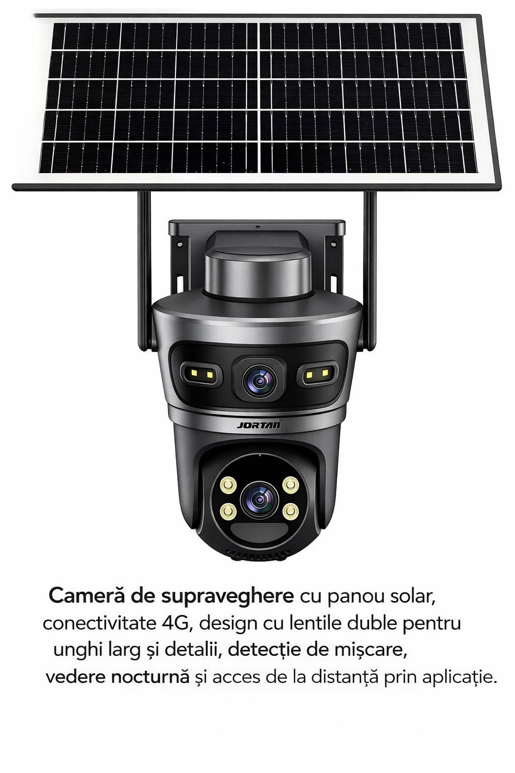 Camera Solara 4G Jortan 9682, 6MP Dual Lens, PTZ 360°, Full Color Noapte, Panou Solar Mare, Exterior IP66, Audio Bidirectional, Slot SIM, Card MicroSD 32GB Inclus