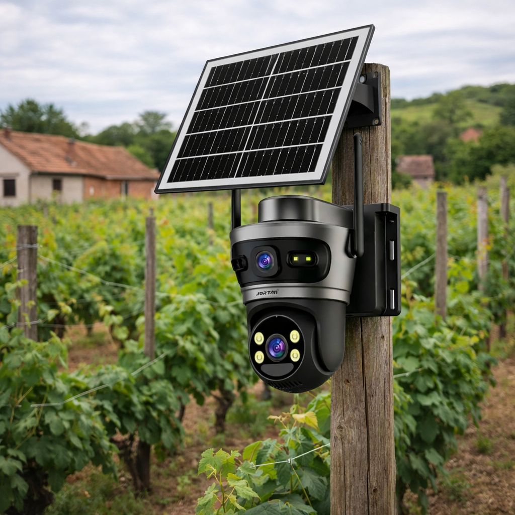 Camera Solara 4G Jortan 9682, 6MP Dual Lens, PTZ 360°, Full Color Noapte, Panou Solar Mare, Exterior IP66, Audio Bidirectional, Slot SIM, Card MicroSD 32GB Inclus