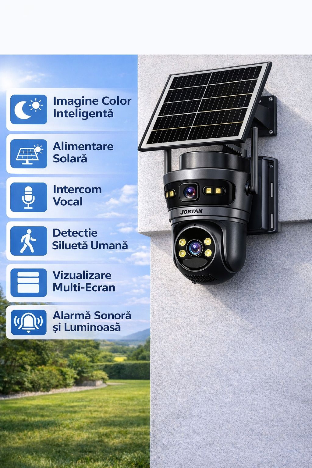 Camera Solara 4G Jortan 9682, 6MP Dual Lens, PTZ 360°, Full Color Noapte, Panou Solar Mare, Exterior IP66, Audio Bidirectional, Slot SIM, Card MicroSD 32GB Inclus