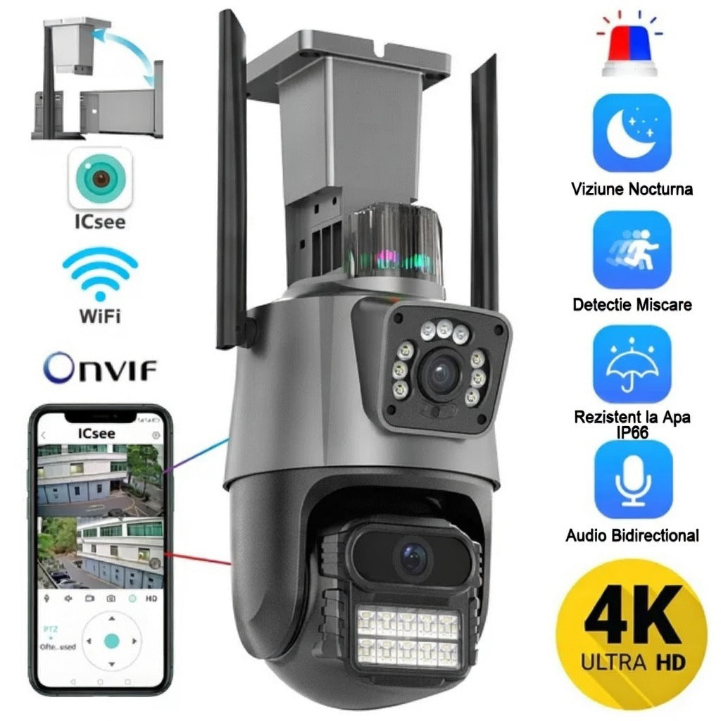 Pachet 2 Camere de Supraveghere WiFi Jortan 9687PRO, 6MP, Dual Lens, PTZ 360°, Exterior IP66, Vedere Nocturnă Color, Audio Bidirecțional, Alarmă Integrată, Aplicație ICSee, 2 Carduri MicroSD 32GB Incluse