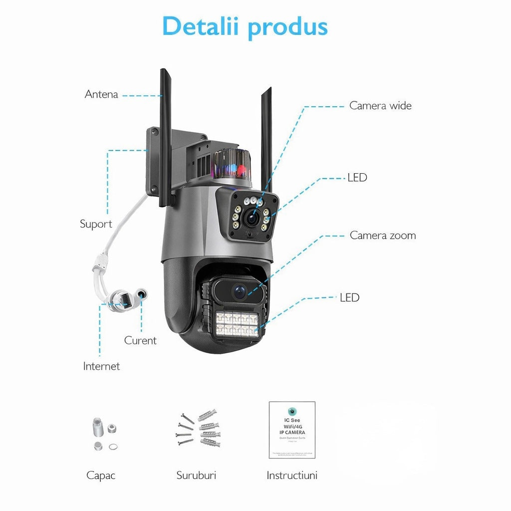Pachet 2 Camere de Supraveghere WiFi Jortan 9687PRO, 6MP, Dual Lens, PTZ 360°, Exterior IP66, Vedere Nocturnă Color, Audio Bidirecțional, Alarmă Integrată, Aplicație ICSee, 2 Carduri MicroSD 32GB Incluse