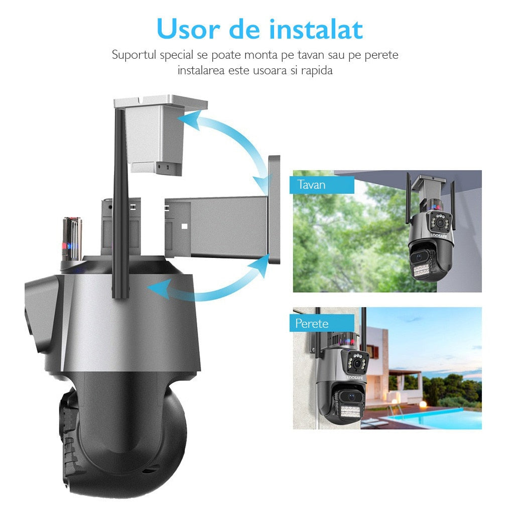 Pachet 2 Camere de Supraveghere WiFi Jortan 9687PRO, 6MP, Dual Lens, PTZ 360°, Exterior IP66, Vedere Nocturnă Color, Audio Bidirecțional, Alarmă Integrată, Aplicație ICSee, 2 Carduri MicroSD 32GB Incluse