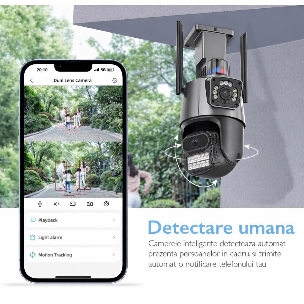 Pachet 2 Camere de Supraveghere WiFi Jortan 9687PRO, 6MP, Dual Lens, PTZ 360°, Exterior IP66, Vedere Nocturnă Color, Audio Bidirecțional, Alarmă Integrată, Aplicație ICSee, 2 Carduri MicroSD 32GB Incluse