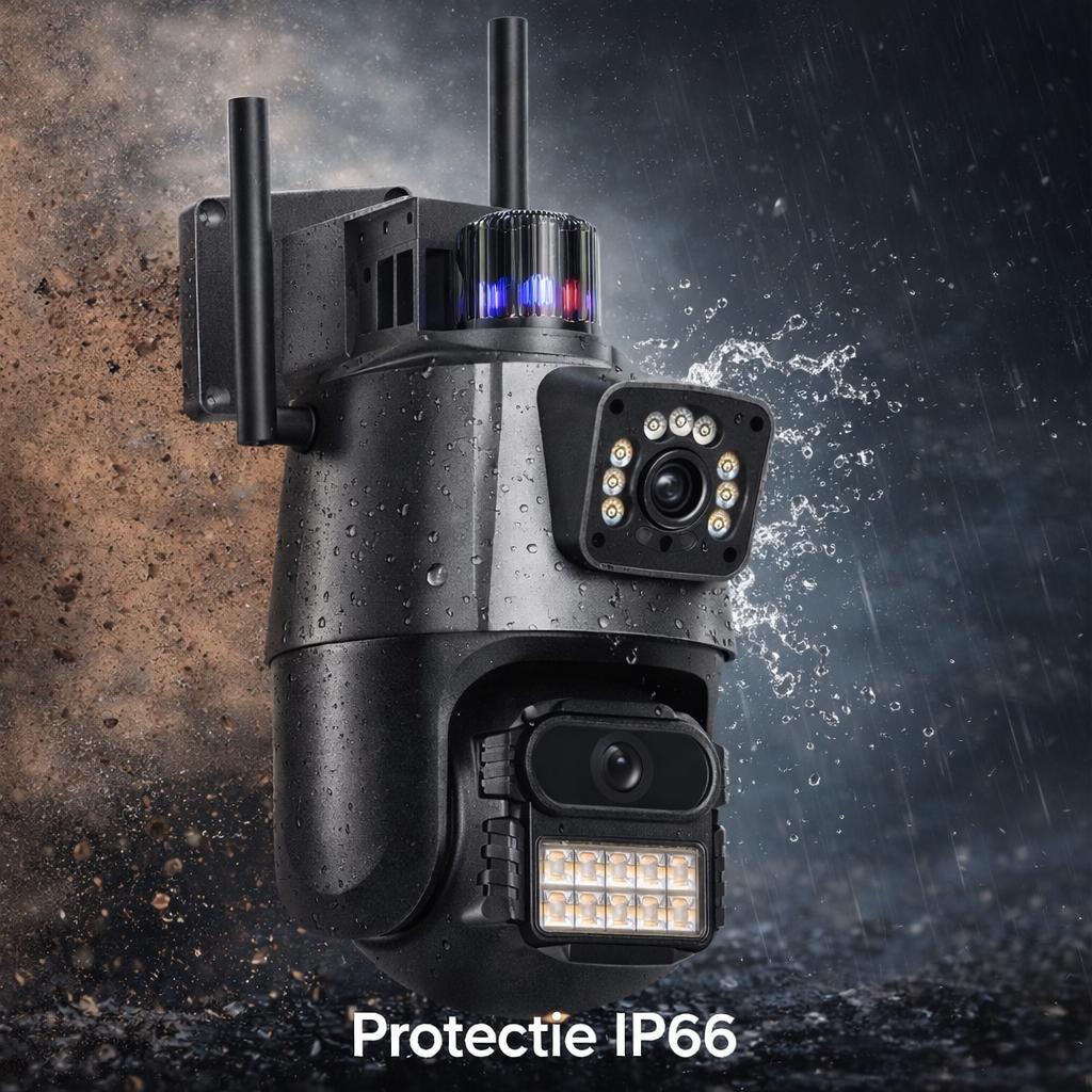 Pachet 2 Camere de Supraveghere WiFi Jortan 9687PRO, 6MP, Dual Lens, PTZ 360°, Exterior IP66, Vedere Nocturnă Color, Audio Bidirecțional, Alarmă Integrată, Aplicație ICSee, 2 Carduri MicroSD 32GB Incluse