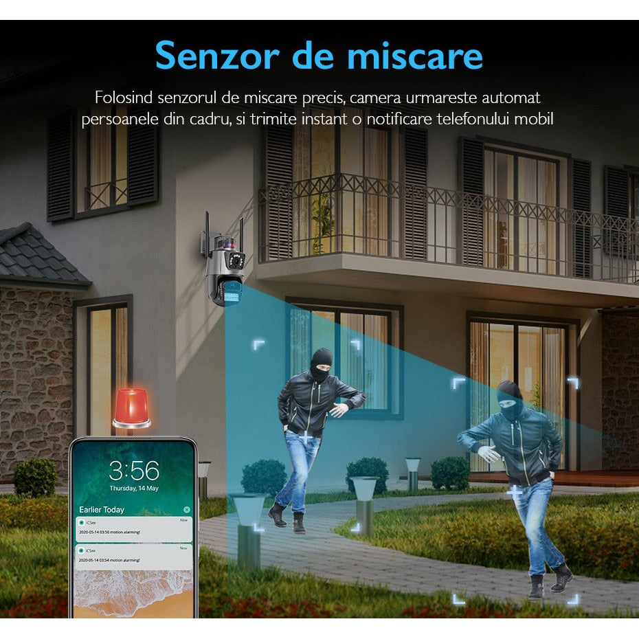 Pachet 2 Camere de Supraveghere WiFi Jortan 9687PRO, 6MP, Dual Lens, PTZ 360°, Exterior IP66, Vedere Nocturnă Color, Audio Bidirecțional, Alarmă Integrată, Aplicație ICSee, 2 Carduri MicroSD 32GB Incluse