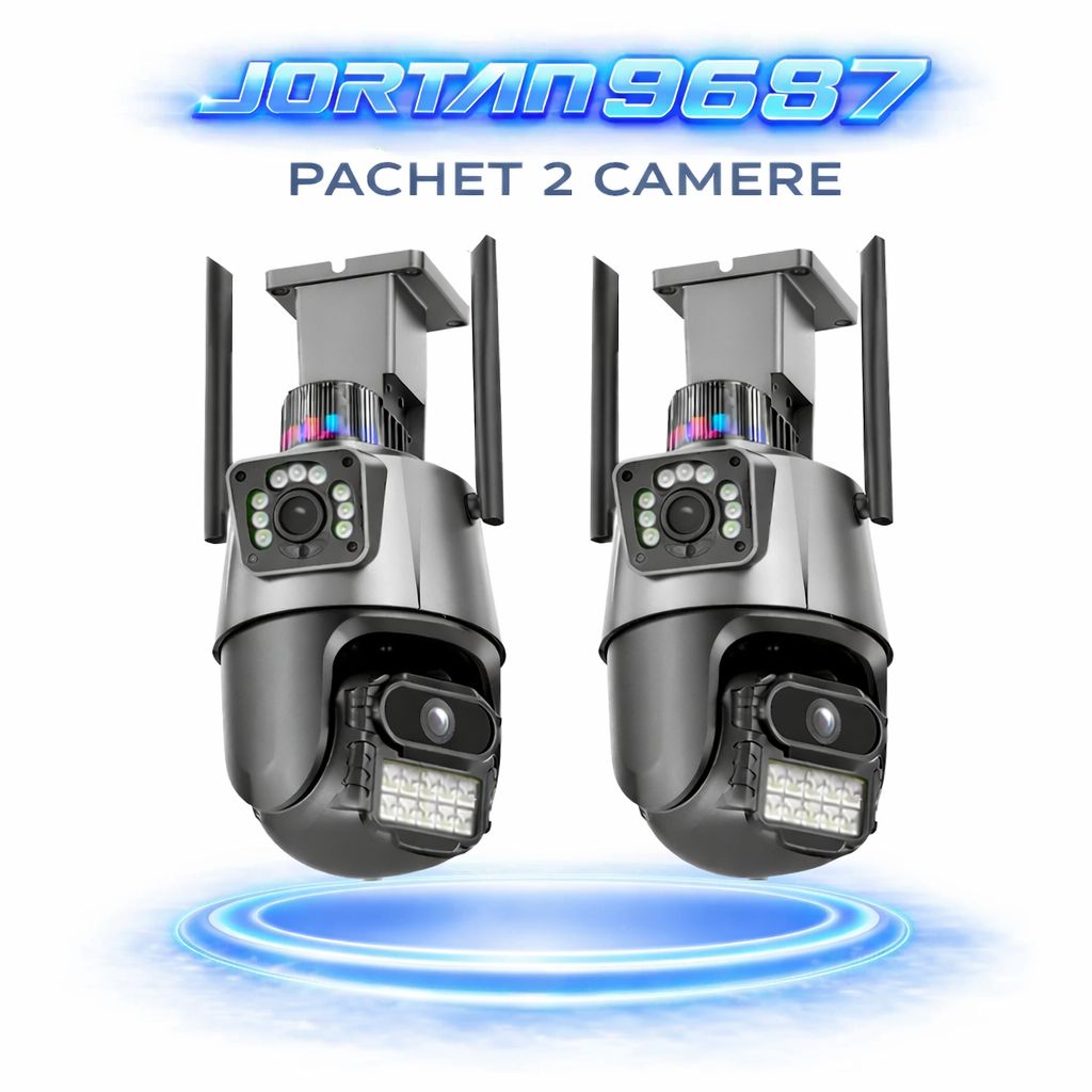Pachet 2 Camere de Supraveghere WiFi Jortan 9687PRO, 6MP, Dual Lens, PTZ 360°, Exterior IP66, Vedere Nocturnă Color, Audio Bidirecțional, Alarmă Integrată, Aplicație ICSee, 2 Carduri MicroSD 32GB Incluse