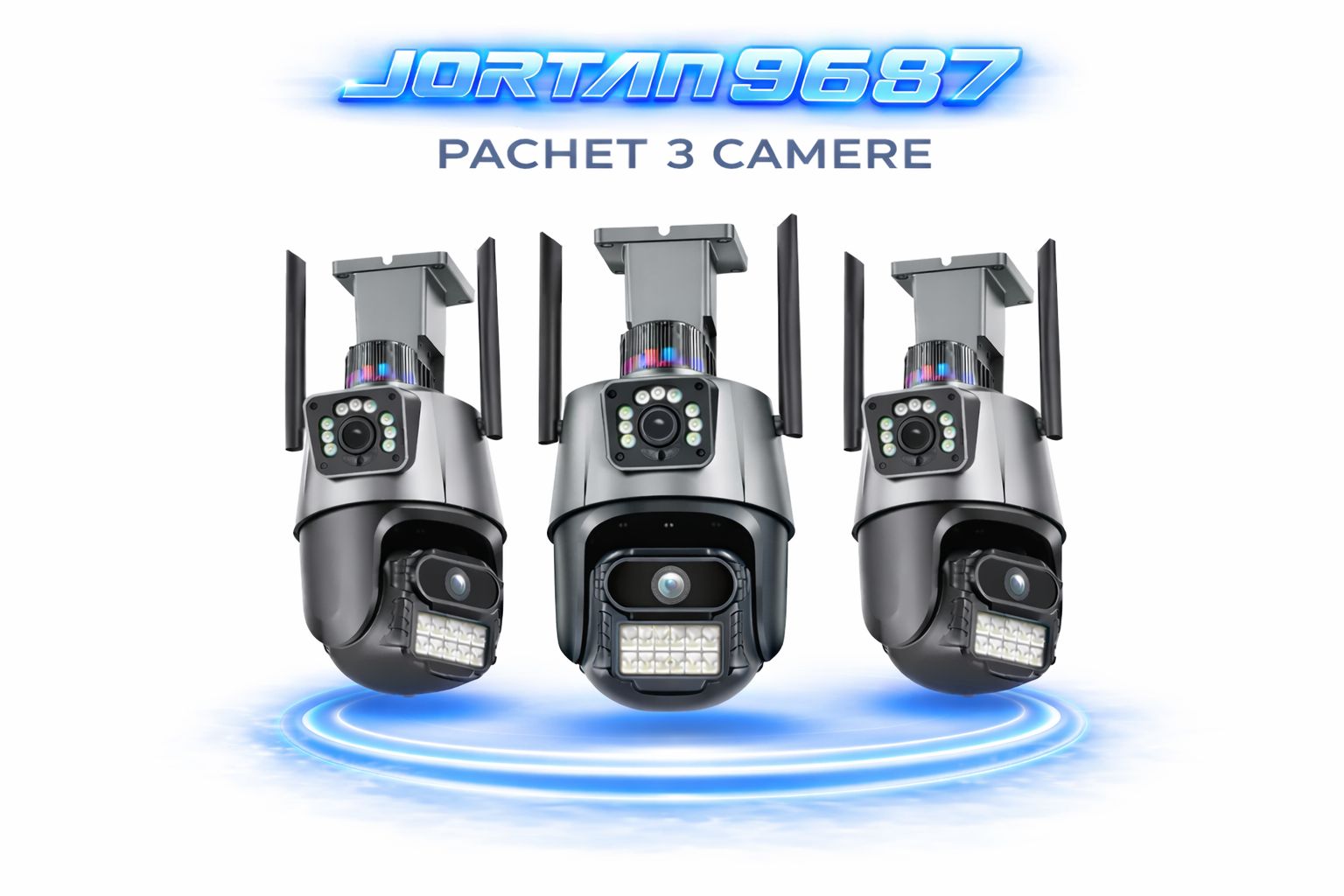 Pachet 3 Camere de Supraveghere WiFi Jortan 9687PRO, 6MP, Dual Lens, PTZ 360°, Exterior IP66, Vedere Nocturnă Color, Audio Bidirecțional, Alarmă Integrată, Aplicație ICSee, 3 Carduri MicroSD 32GB Inclus