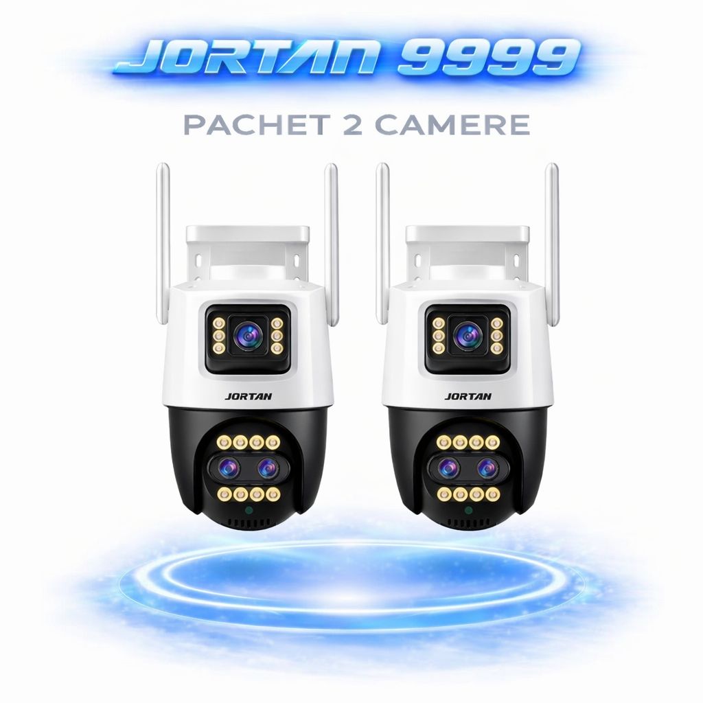 Pachet 2 Cameră de Supraveghere WiFi Jortan 9999Pro, 9MP, Dual Lens, PTZ 360°, IP66, Vedere Nocturnă Color, Audio Bidirecțional, Aplicație ICSee, 2 Carduri MicroSD 64GB Incluse